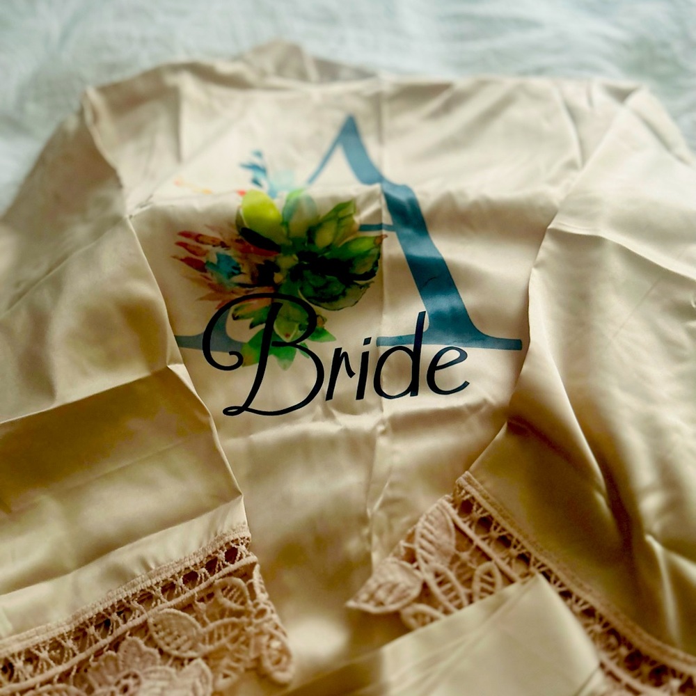 Bridal silk short robe, champagne in colour with cut out lace trimming